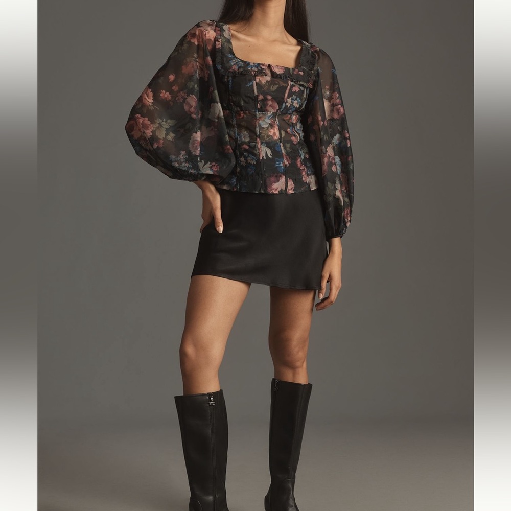 Anthropologie Floral Sheer Blouse - Black, Pink, Blue - Picture 3 of 11